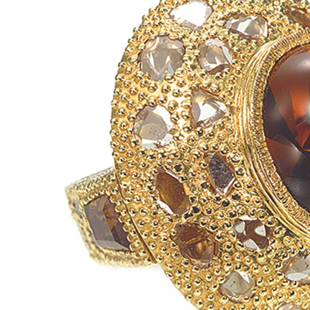 Oversized Saucer Ring with Large Cognac Quartz Centerstone and Diamonds - Coomi