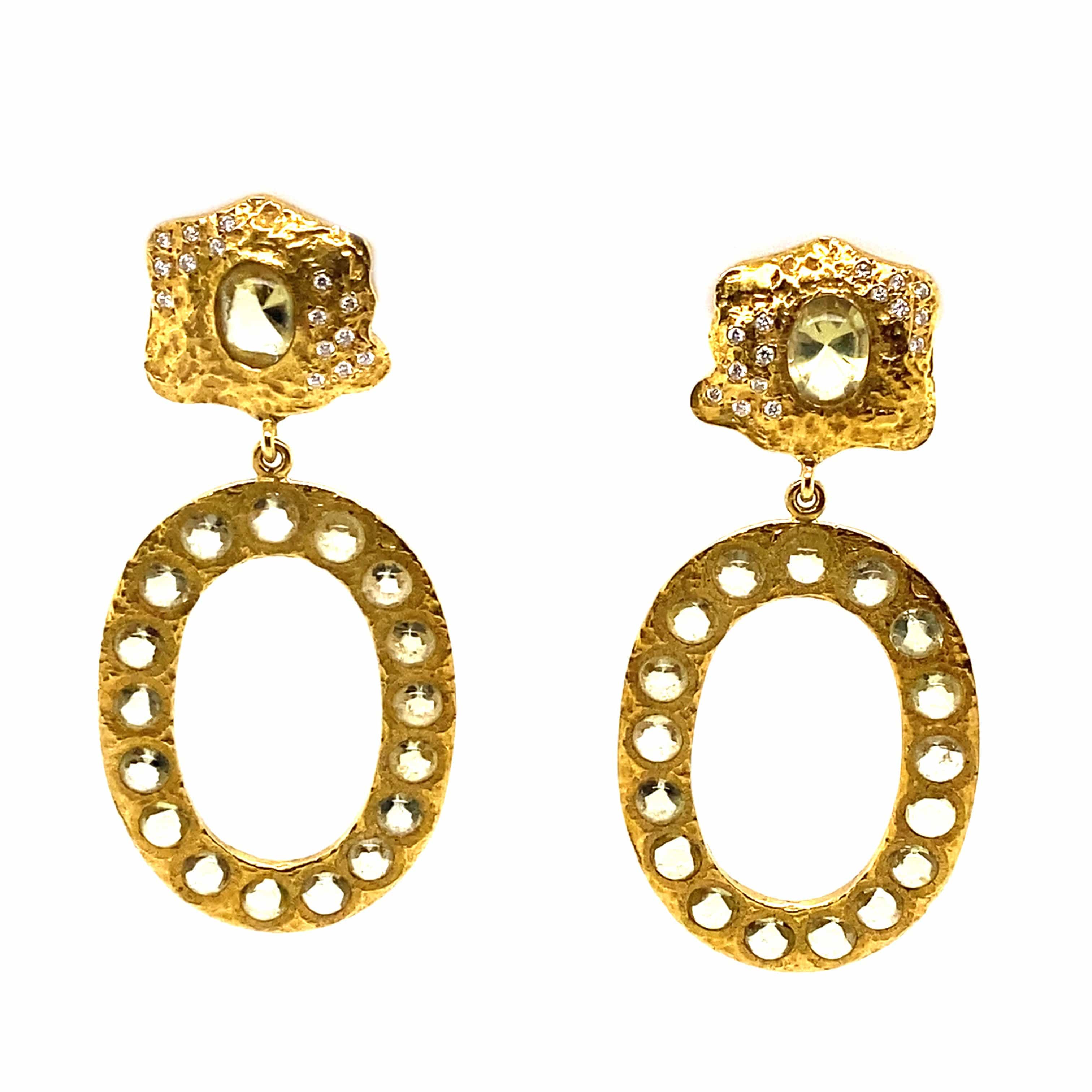 Cabochon Olive Quartz Drop Earrings with Diamonds - Coomi