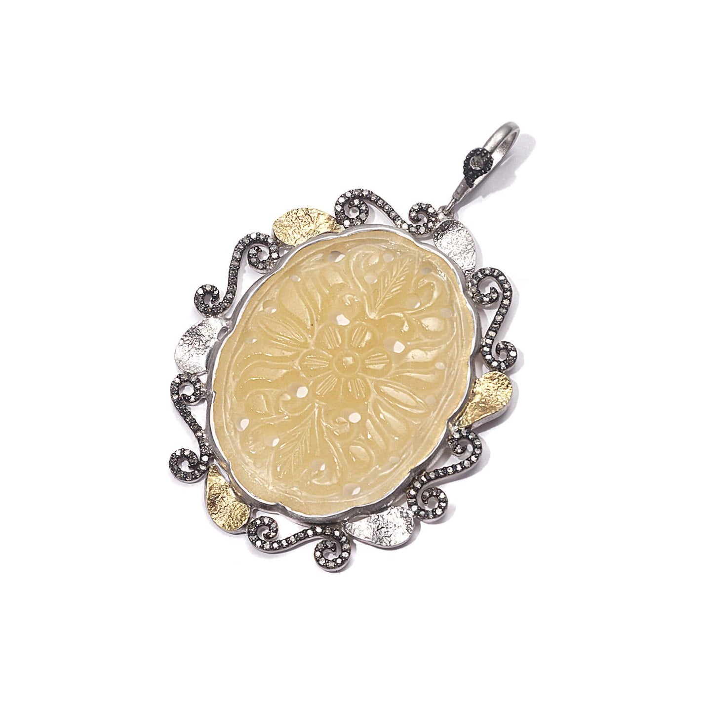 Sterling Silver Carved Yellow Agate and Diamond Pendant - Coomi