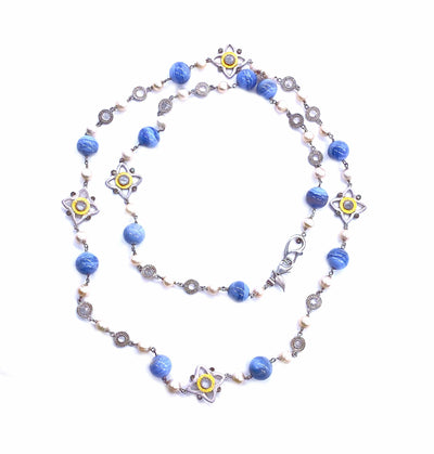 Blue Agate and Crystal Sterling Silver Long Necklace