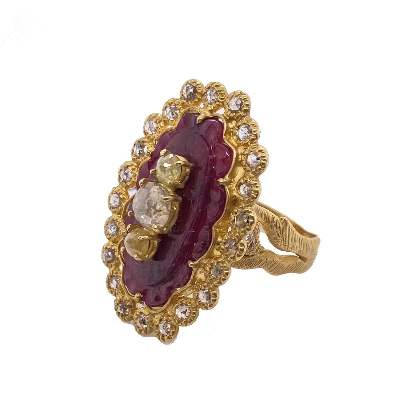 Sunshine Gold Ring with Carved Ruby and Diamonds - Coomi