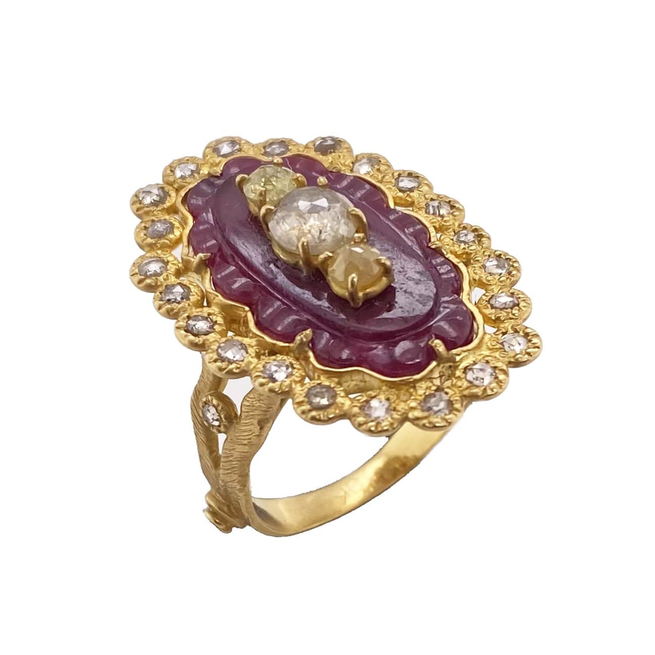 Sunshine Gold Ring with Carved Ruby and Diamonds - Coomi