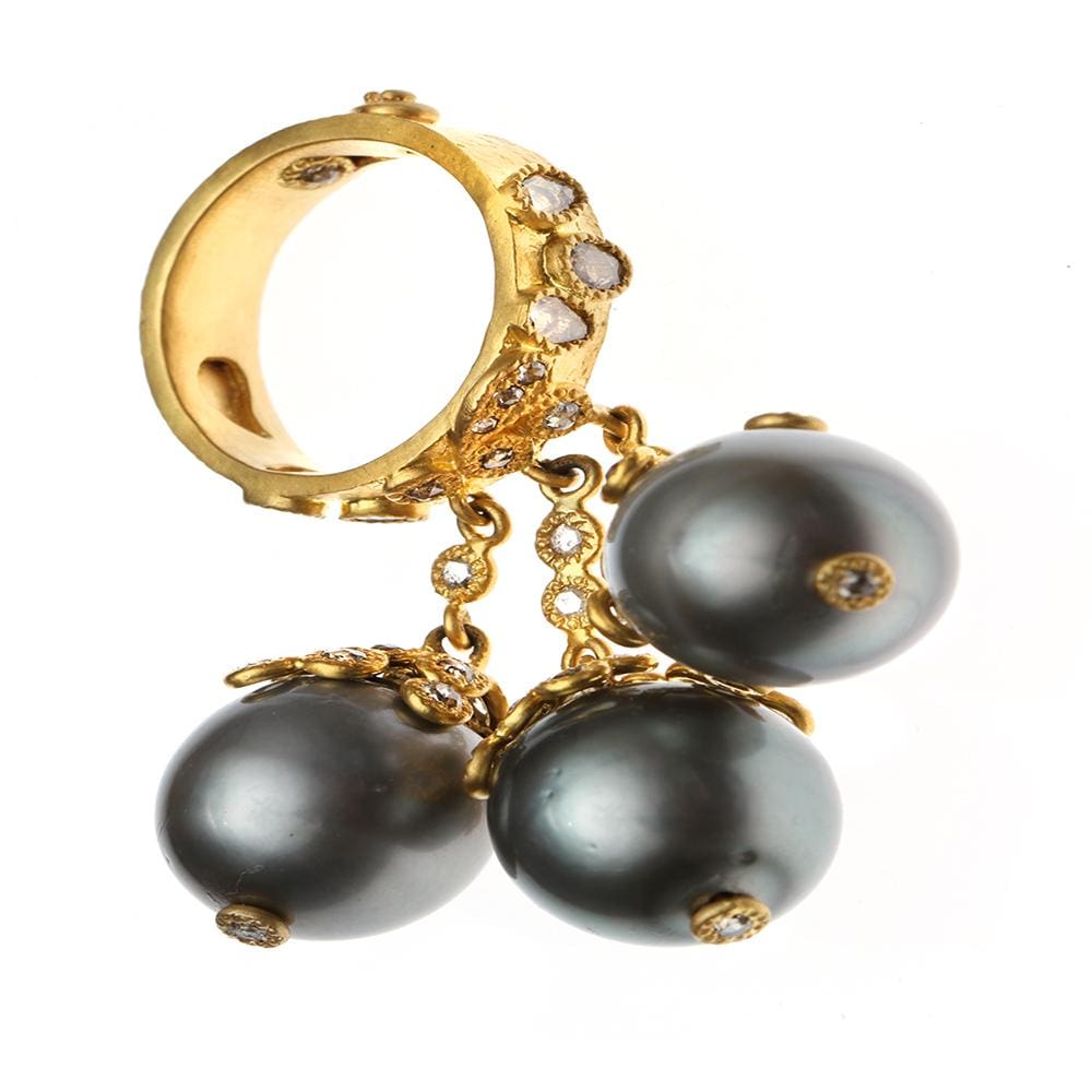 Three Hanging Tahitian Gray Pearls Ring with Diamonds - Coomi
