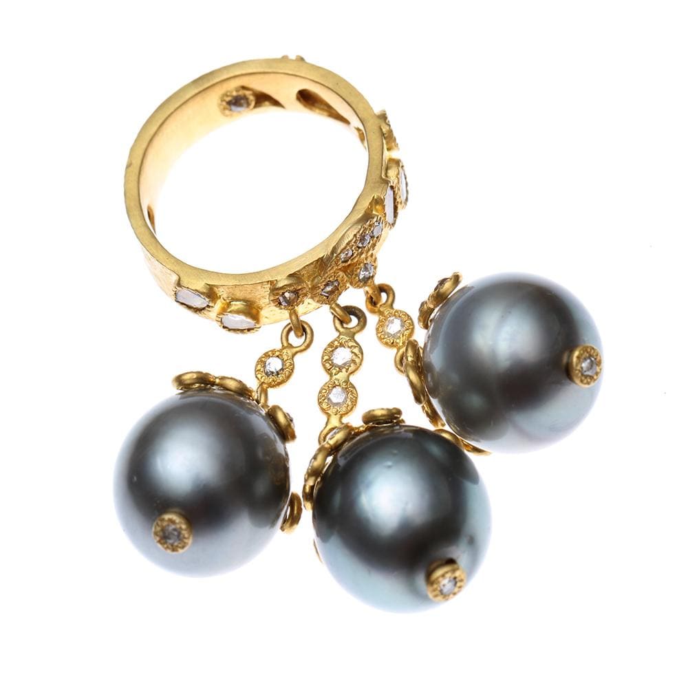 Three Hanging Tahitian Gray Pearls Ring with Diamonds - Coomi