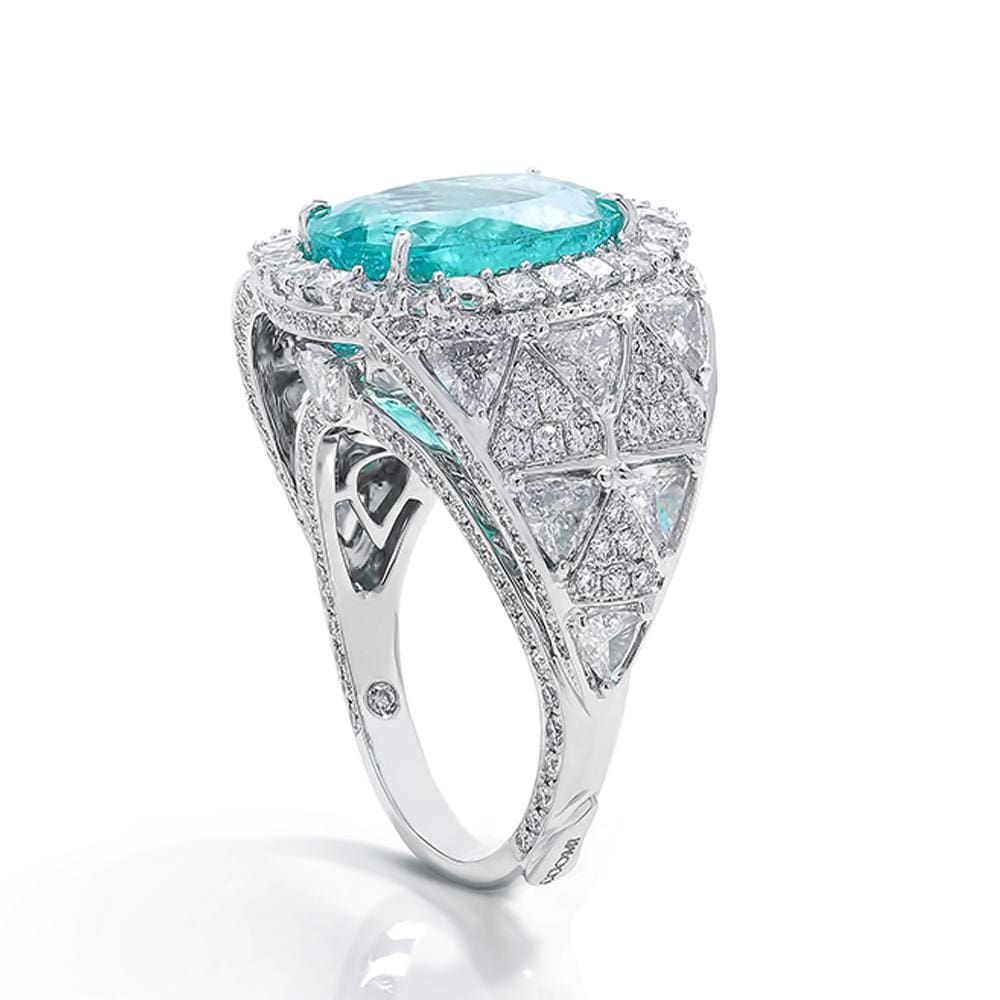 Trinity Ring in 18K White Gold with Oval Paraiba and Diamonds - Coomi