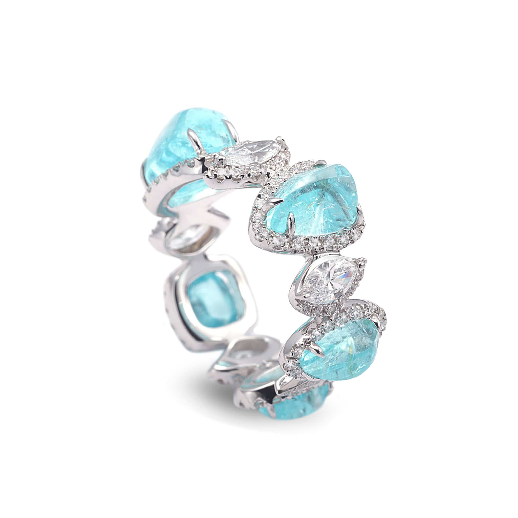 18K White Gold Paraiba and Diamond Band Ring