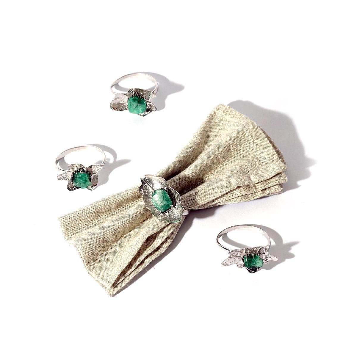 Sterling Silver Set of 4 Rough Emeralds Napkin Ring - Coomi
