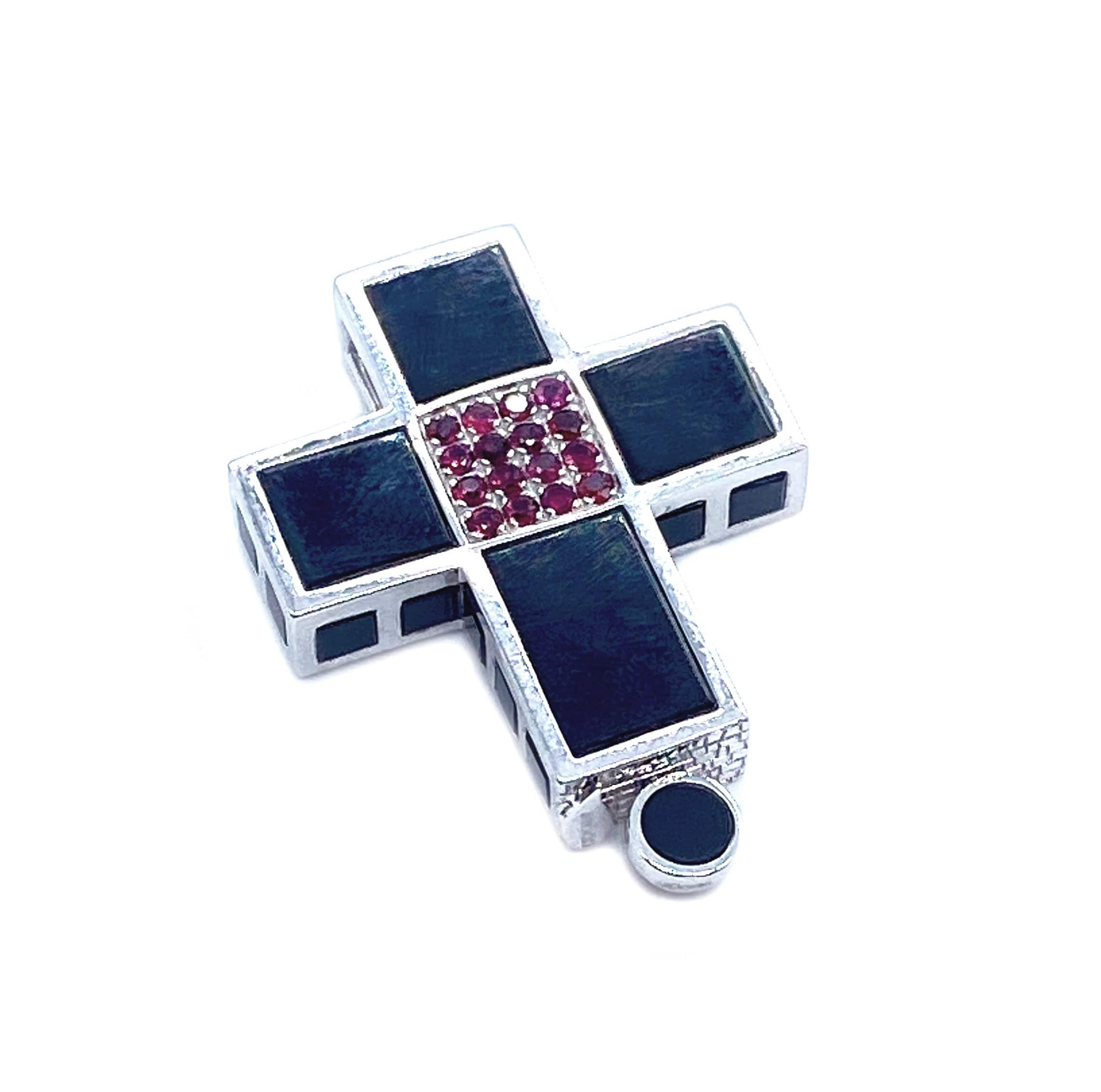 Eternity 18K White Gold Onyx and Ruby Cross Pendant - Coomi