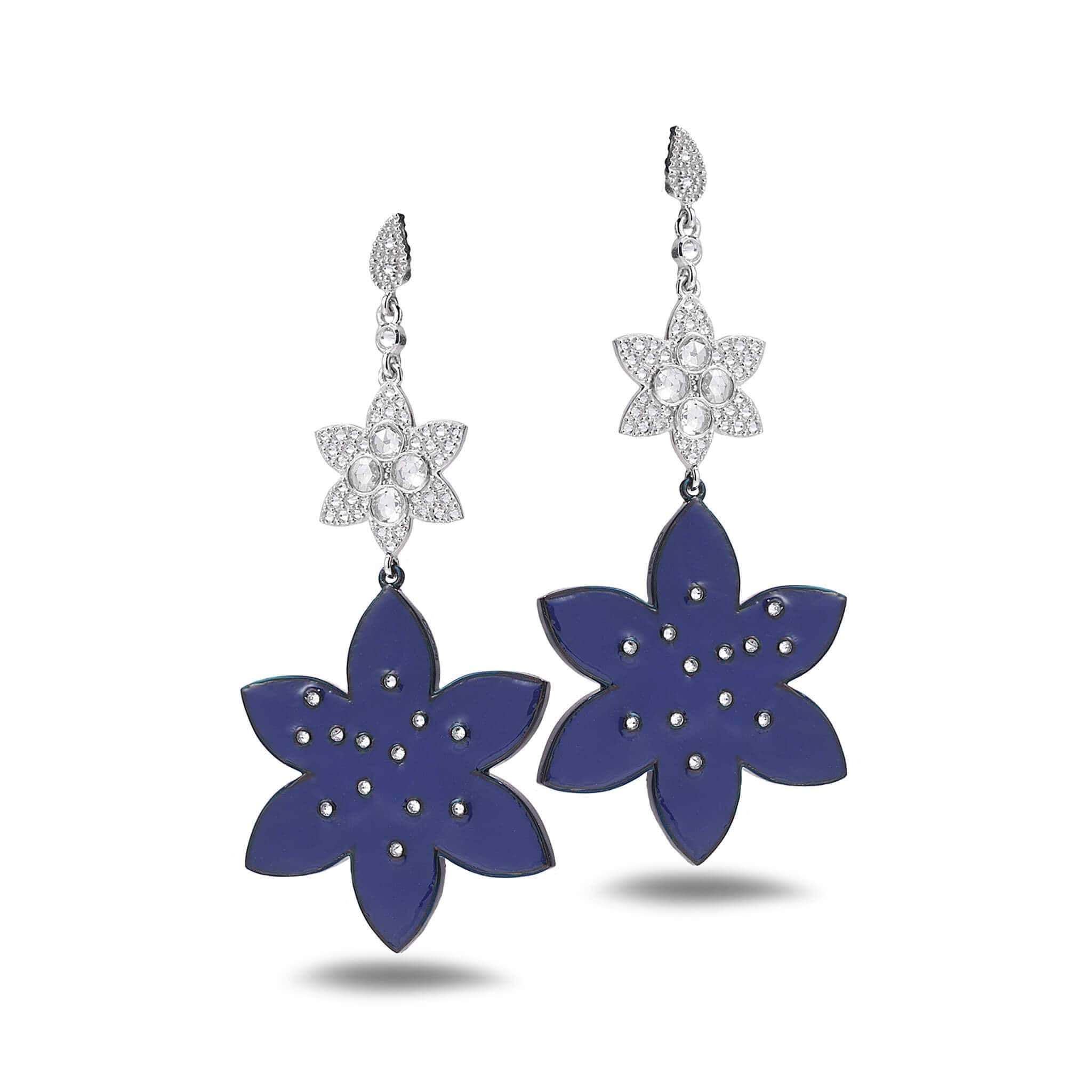 Enamel and Diamond Flower Drop Earrings