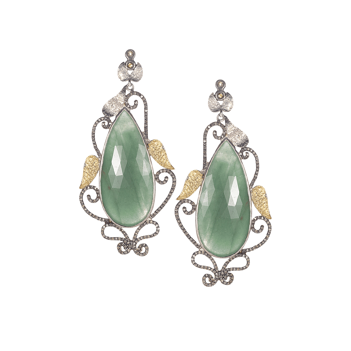 Sterling Silver Elongated Pear Shaped Green Stone Earrings - Coomi