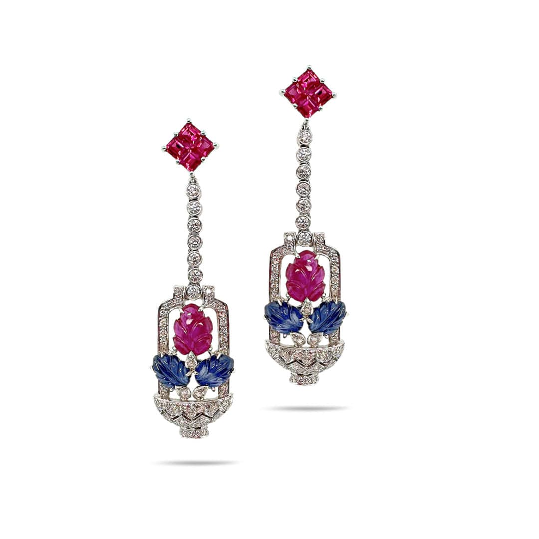 Trinity Carved Ruby & Sapphire Drop Earrings - Coomi