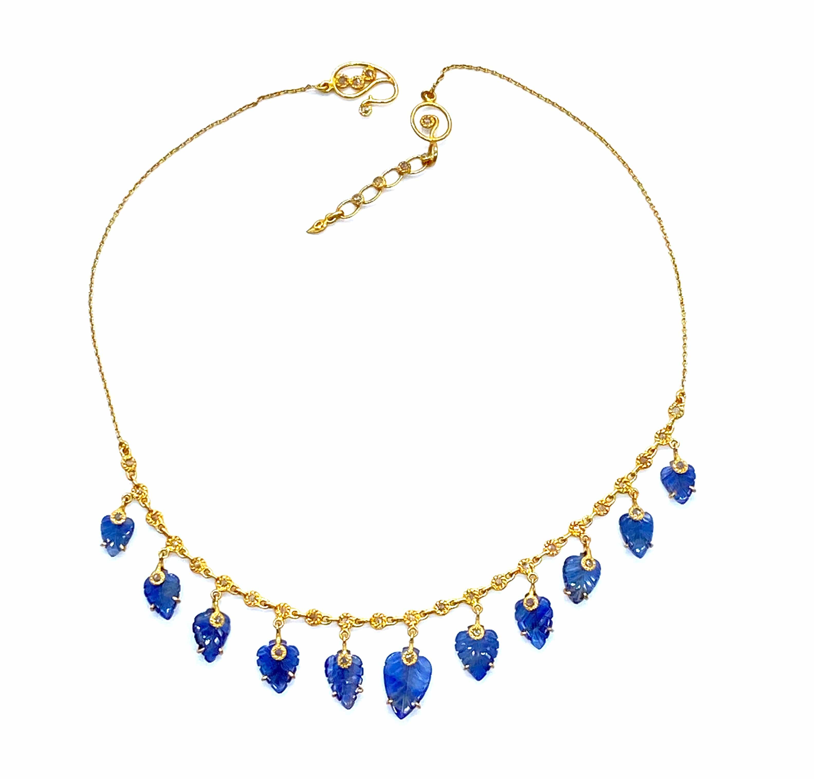 Antiquity 20K Carved Blue Sapphire Leaf Necklace - Coomi
